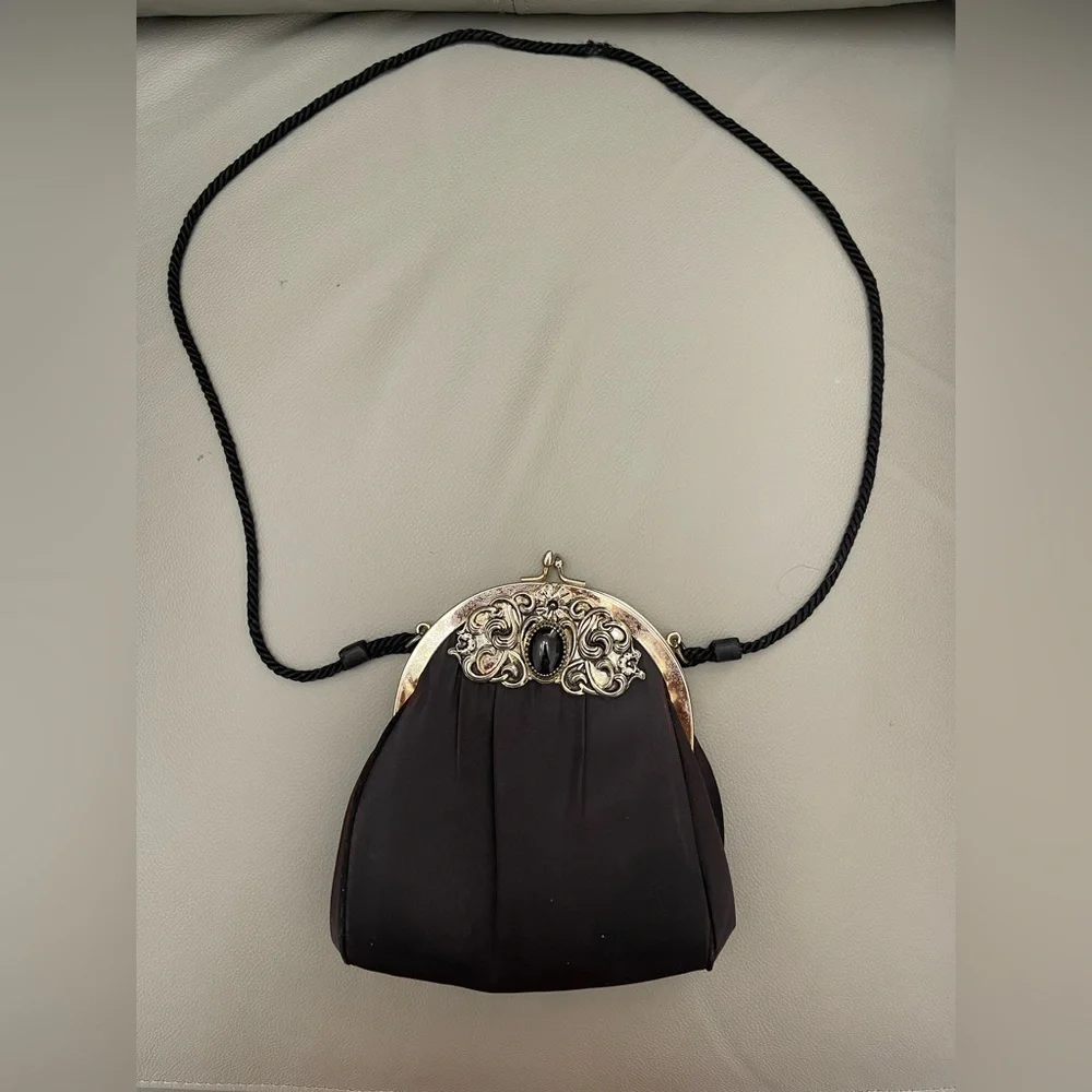 Vintage Victorian-Style, Silky, Kisslock Black Evening Bag